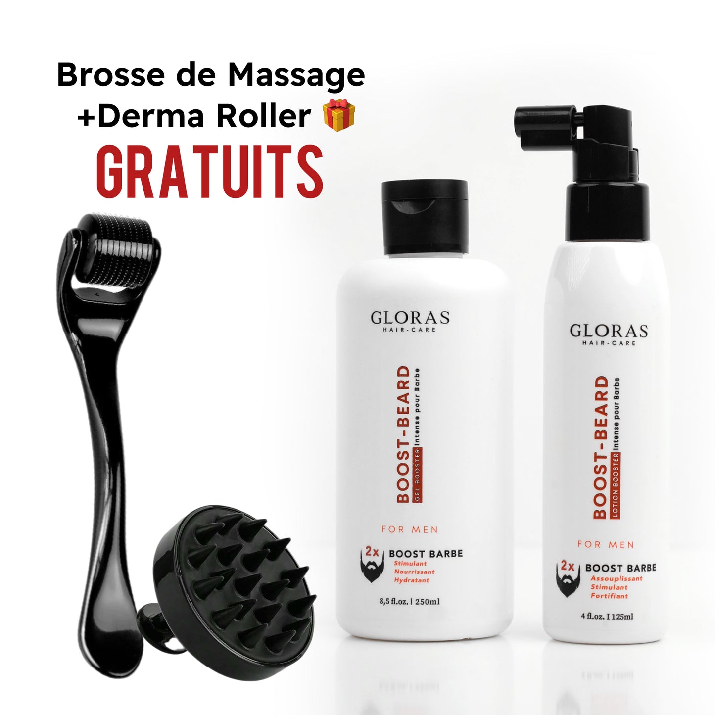 Pack Repousse Barbe – ضد فراغات اللحية + Derma Roller + Brosse de Massage en Silicone GRATUITS 🎁