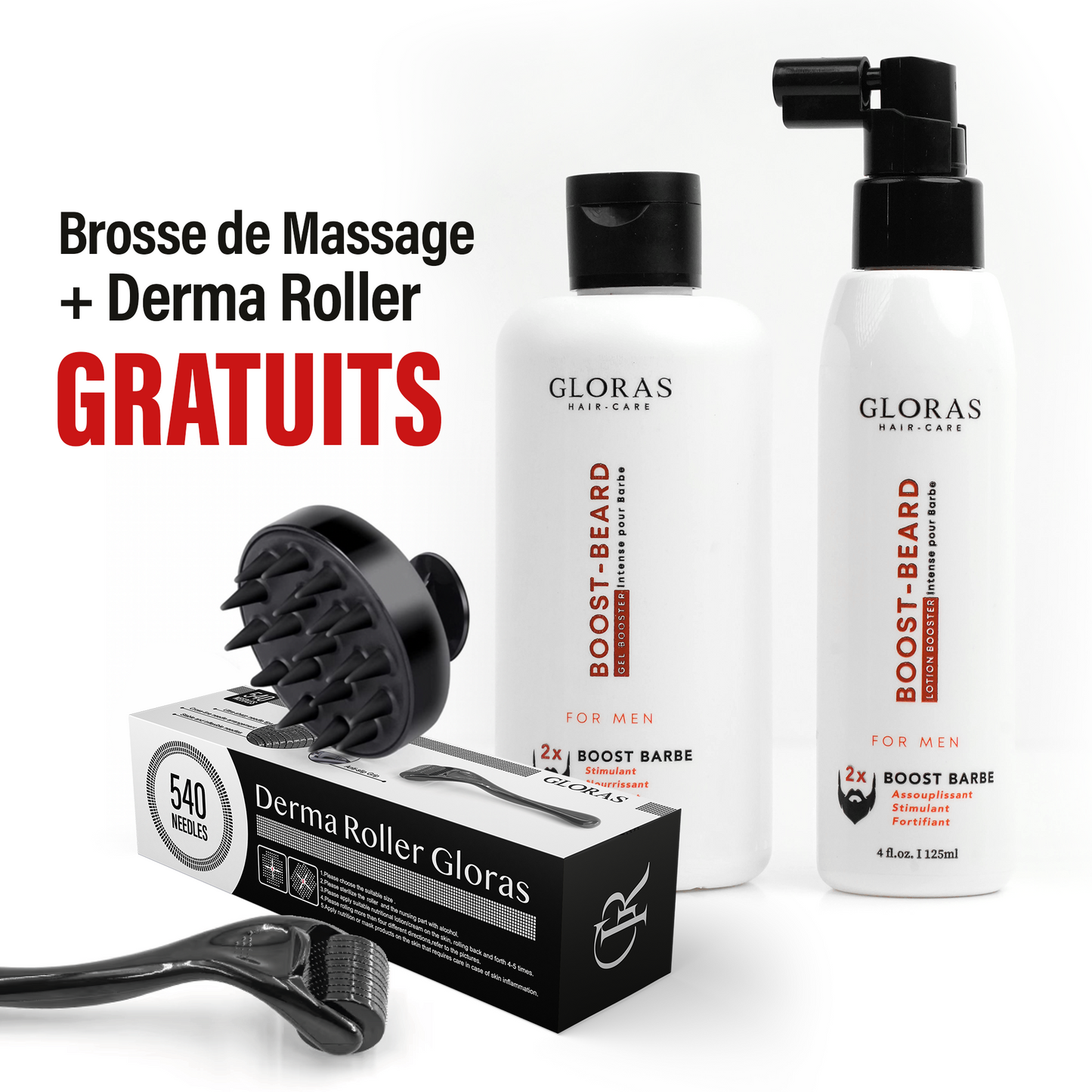 Pack Repousse Barbe – ضد فراغات اللحية + Derma Roller + Brosse de Massage en Silicone GRATUITS 🎁