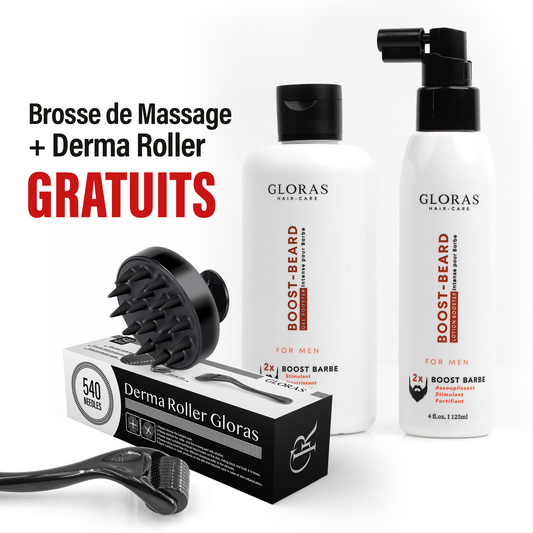 Pack Repousse Barbe – ضد فراغات اللحية + Derma Roller + Brosse de Massage en Silicone GRATUITS 🎁