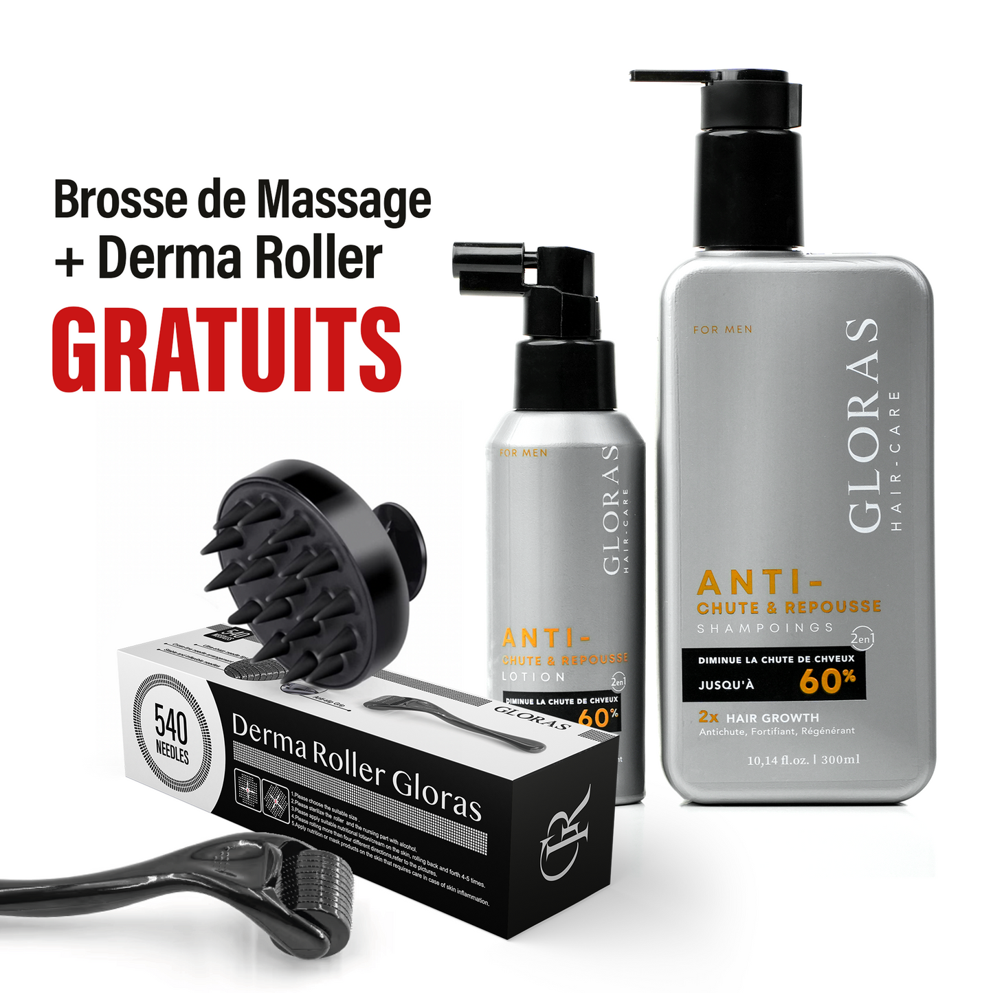 Pack Anti-Chute – ضد تساقط الشعر + Derma Roller + Brosse de Massage en Silicone GRATUITS 🎁