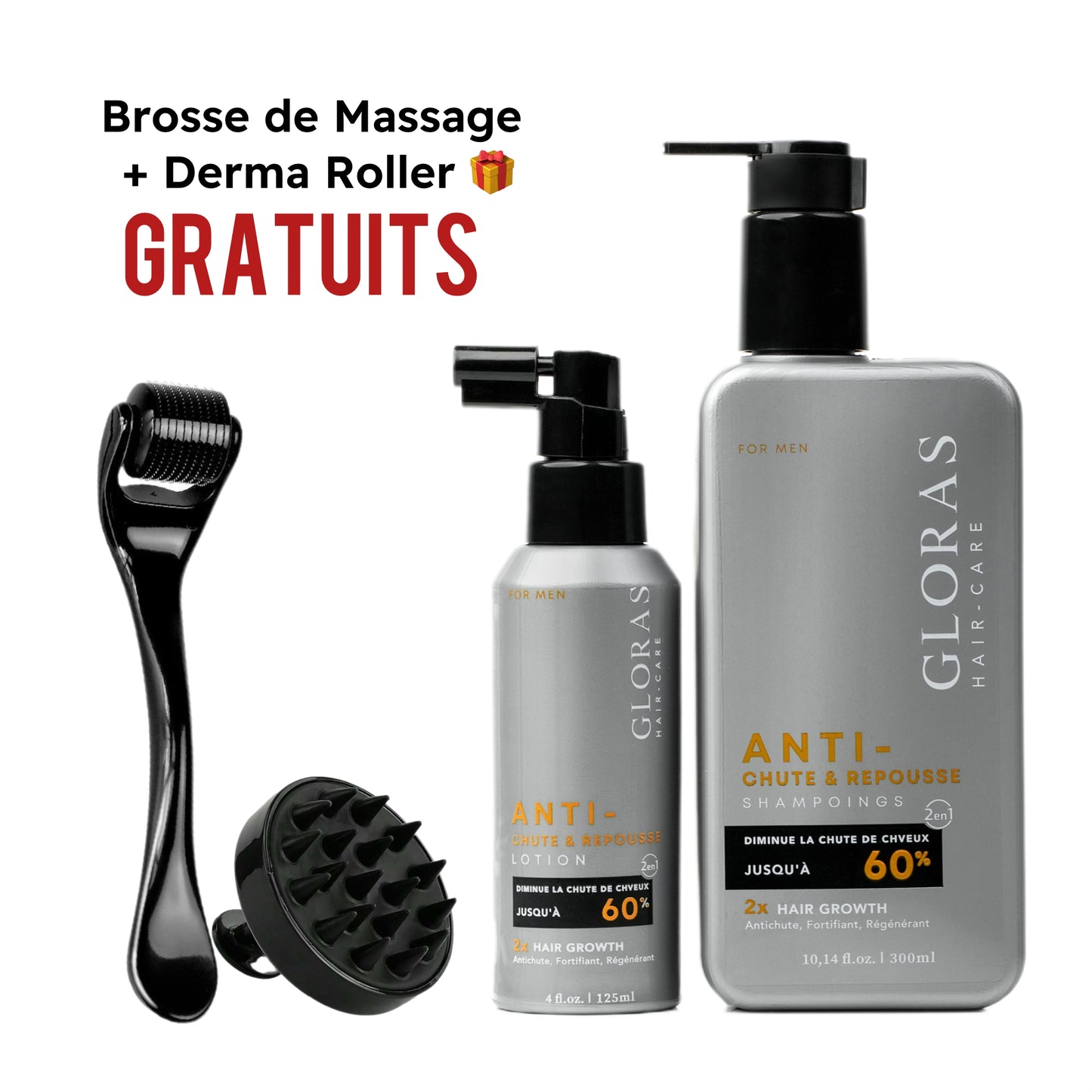 Pack Anti-Chute – ضد تساقط الشعر + Derma Roller + Brosse de Massage en Silicone GRATUITS 🎁
