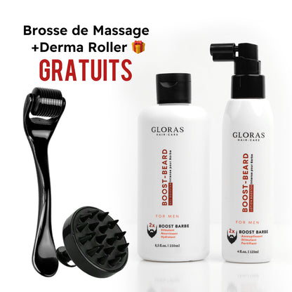 Pack Repousse Barbe – ضد فراغات اللحية + Derma Roller + Brosse de Massage en Silicone GRATUITS 🎁